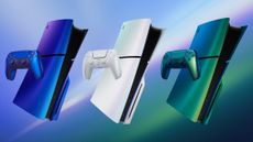 The Sony PS5 Chroma Collection DualSense controllers and console covers on an iridescent background