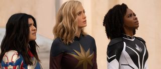 Iman Vellani as Ms. Marvel/Kamala Khan, Brie Larson as Captain Marvel/Carol Danvers, and Teyonah Parris as Captain Monica Rambeau in The Marvels