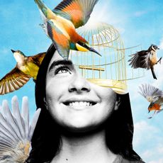 collage of woman and open bird cage with birds being set free