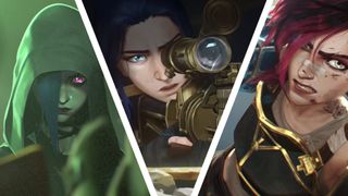 A collage image showing Jinx, Caitlyn, and Vi in Arcane season 2