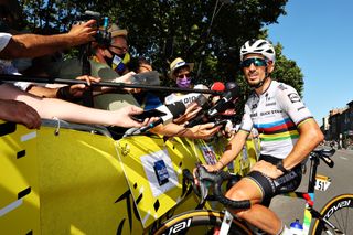 CARCASSONNE FRANCE JULY 09 Julian Alaphilippe of France and Team Deceuninck QuickStep at arrival during the 108th Tour de France 2021 Stage 13 a 2199km stage from Nmes to Carcassonne Press Media Interview LeTour TDF2021 on July 09 2021 in Carcassonne France Photo by Michael SteeleGetty Images