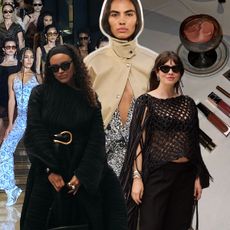 A collage featuring various highlights from New York Fashion Week: On the left, Jasmine Fox-Suliaman in a black outfit accessorized with oversized sunglasses, a gold-buckled belt, and statement rings, stands on a city street. In the center, a model wearing a beige high-collared jacket and sequin trousers is showcased, alongside a runway lineup of models wearing structured, pastel-toned designs from a spring/summer collection. On the right, Kat Collings wears a fringed black crochet top paired with wide-leg black trousers.