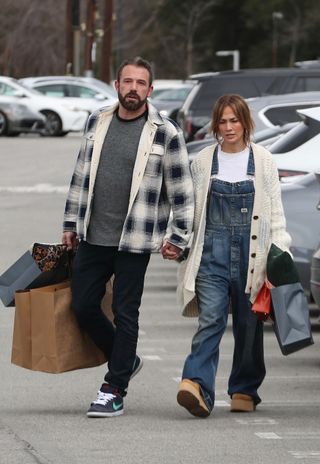 Ben Affleck and Jennifer Lopez wearing cozy outfits on a daytime date