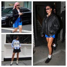 a collage of three women wearing the athletic shorts trend while walking in New York City and Los Angeles