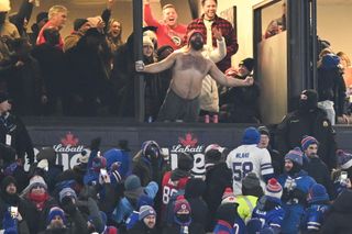 Jason Kelce #62 of the Philadelphia Eagles celebrates after the Kansas City Chiefs score a touchdown during the first half of the AFC Divisional Playoff game against the Buffalo Bills at Highmark Stadium on January 21, 2024 in Orchard Park, New York