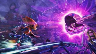 Ratchet and Clank: Rift Apart - Ratchet riding a rail into a rift portal