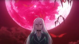 Moka stands looking determined in front of a red moonlit sky in Rosario + Vampire.