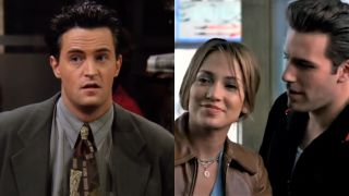 Matthew Perry as Chandler Bing on Friends is shown next to a screenshot of Jennifer Lopez and Ben Affleck in Gigli.