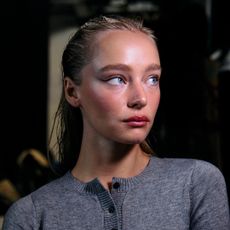 A model backstage ahead of the DI PETSA Spring/Summer 2025 collection, at London Fashion Week in London, on September 13, 2024