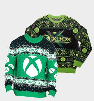 Two Xbox Christmas sweaters against a plain background