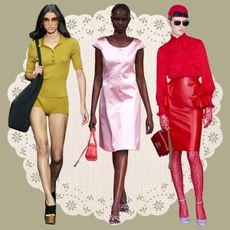 Runway collage of 2025 food color trends featuring merlot wine, bubblegum pink, olive green, mocha mousse, tomato red, and butter yellow.