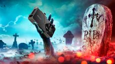 Zombie hand bursting through a grave and holding the RTX 4080 GPU 