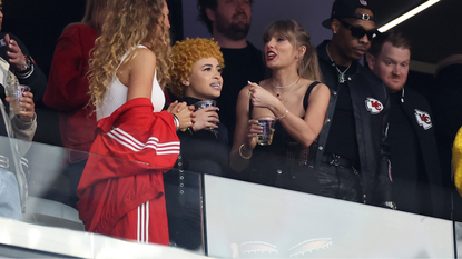 Rapper Ice Spice, singer Taylor Swift and actress Blake Lively react before Super Bowl LVIII between the San Francisco 49ers and Kansas City Chiefs at Allegiant Stadium on February 11, 2024 in Las Vegas, Nevada