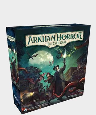 The Arkham Horror card game box on a plain background