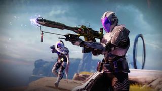 Destiny 2 art of two characters holding guns running out across a wide outdoor terrain