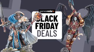 Stormcast Knight Questor and a Blood Angels hero on either side of a Black Friday deals badge, all against a gray background