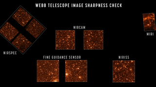 Numerous images showing the sharpness check from different instruments onboard. Each image shows bright points of light from stars and galaxies against the black backdrop of space.