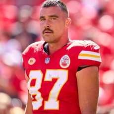 Travis Kelce #87 of the Kansas City Chiefs looks on before kickoff against the Chicago Bears at GEHA Field at Arrowhead Stadium on September 24, 2023 in Kansas City, Missouri