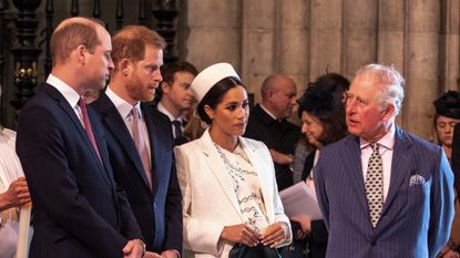 britains meghan, duchess of sussex 2r talks with britains prince charles, prince of wales r as britains prince william, duke of cambridge, l talks with britains prince harry, duke of sussex, 2l as they all attend the commonwealth day service at westminster abbey in london on march 11, 2019 britains queen elizabeth ii has been the head of the commonwealth throughout her reign organised by the royal commonwealth society, the service is the largest annual inter faith gathering in the united kingdom photo by richard pohle pool afp photo by richard pohlepoolafp via getty images