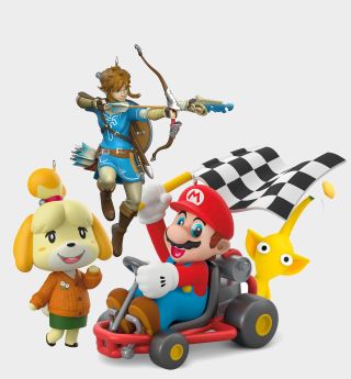 Nintendo character ornaments against a plain background