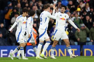 LEEDS, ENGLAND - DECEMBER 07: Joe Rodon of Leeds United celebrates scoring his team's first goal with team mate Pascal Struijk of Leeds United during the Sky Bet Championship match between Leeds United FC and Derby County FC at Elland Road on December 07, 2024 in Leeds, England. (Photo by George Wood/Getty Images)