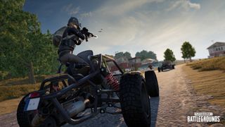 PUBG: Battlegrounds screenshot of a character in a race buggy firing at a car in front