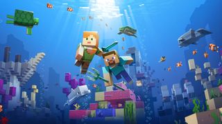 Minecraft screenshot of two players swimming in a blocky underwater land, with seaweed, fish, and other sea creatures floating nearby.