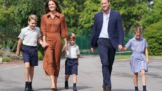 Britain's Prince George of Cambridge, Britain's Catherine, Duchess of Cambridge, Britain's Prince Louis of Cambridge, Britain's Prince William, Duke of Cambridge, and Britain's Princess Charlotte of Cambridge arrive for a settling in afternoon at Lambrook School, near Ascot in Berkshire on September 7, 2022 on the eve of their first school day