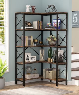 industrial style corner shelves in a living room