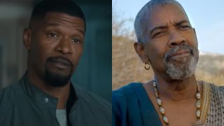 From ledt to right, close ups of Jamie Foxx in Back in Action and Denzel Washington in a Gladiator II BTS video.