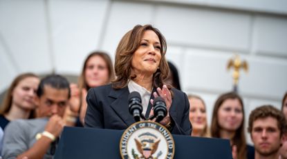 Vice President Kamala Harris speaks during an NCAA championship teams celebration on the South Lawn of the White House on July 22, 2024 in Washington, DC.