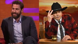 John Krasinski smiling on The Graham Norton Show, pictured next to Jimmy Fallon dressed as a cowboy on The Tonight Show with Jimmy Fallon. 