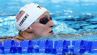 Katie Ledecky of Team United States trains during a Swimming Training Session ahead of the Paris 2024 Olympic Games at Paris La Defense Arena on July 25, 2024 in Paris, France.