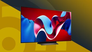 One of the best TVs, an LG C4, on a colorful background with the TechRadar logo