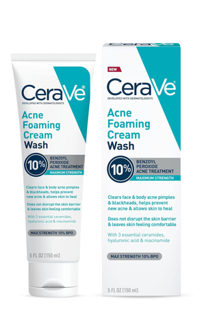 Cerave Acne Foaming Cream Cleanser next to the box on a white background