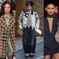 Winter print trends of 2024 are shown in a collage of runway and street-style images of women wearing houndstooth, pinstripe, and cow pattern trends