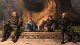 Members of Clone Force 99 sitting under a tree in Star Wars: The Bad Batch season 3