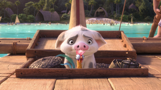 Pua and HeiHei on canoe in Moana 2