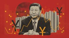 Illustration of Xi Jinping, housing developments, yuan symbols and an economic chart