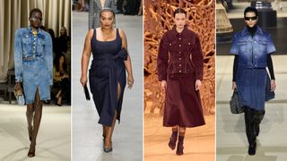 Ladylike denim skirt suits, dresses, and corseted jackets at Schiaparelli, Carolina Herrera, Ulla Johnson, and Christian Dior Fall 2024