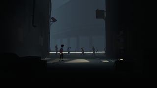 Inside screenshot of the protagonist standing with his back to the player, looking out at the potential dangers of the city ahead as humanoid beings walk past.