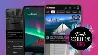 Three Android phones on a purple and pink background showing YouTube Premium