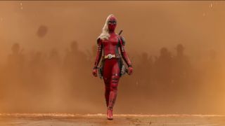 A screenshot from the "Deadpool & Wolverine" trailer showing Lady Deadpool leading the Deadpool Corps