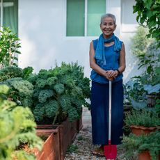 Woman stands in raised bed garden