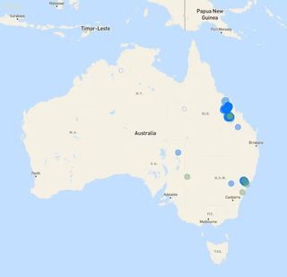 A map of Australia showing methane hotspots along the coast of Queensland, near Sydney, and north of Adelaide