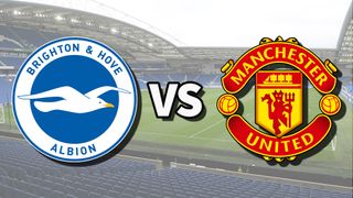 The Brighton & Hove Albion and Manchester United club badges on top of a photo of The Amex Stadium in Brighton, England, the venue for the Brighton vs Man United live stream