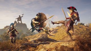 Assassin's Creed Odyssey art of Alexios kicking an enemy on a sandy cliff, with two other enemies seen in the background.