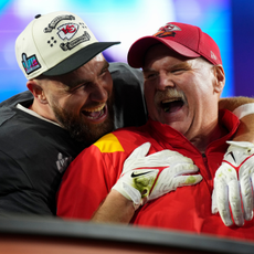 Andy Reid of the Kansas City Chiefs celebrates with Travis Kelce #87 after Super Bowl LVII against the Philadelphia Eagles at State Farm Stadium on February 12, 2023 in Glendale, Arizona.