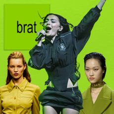 A collage of Charli XCX's 'Brat,' and Prada Spring 1996, Gucci Fall 2024, 