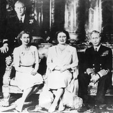 The Royal Family of Britain, including Princess Elizabeth's fiance Lt Philip Mountbatten, London, England, November 15, 1947. Left to right: Lt Mountbatten, Princess Elizabeth, Queen Elizabeth, King George VI and Princess Margaret Rose.